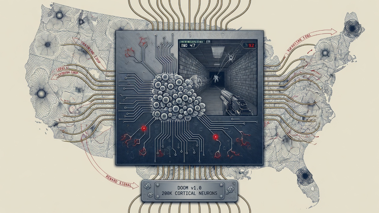 Cover illustration for Human Brain Cells on Silicon Chip Learn to Play Doom in Lab Experiment