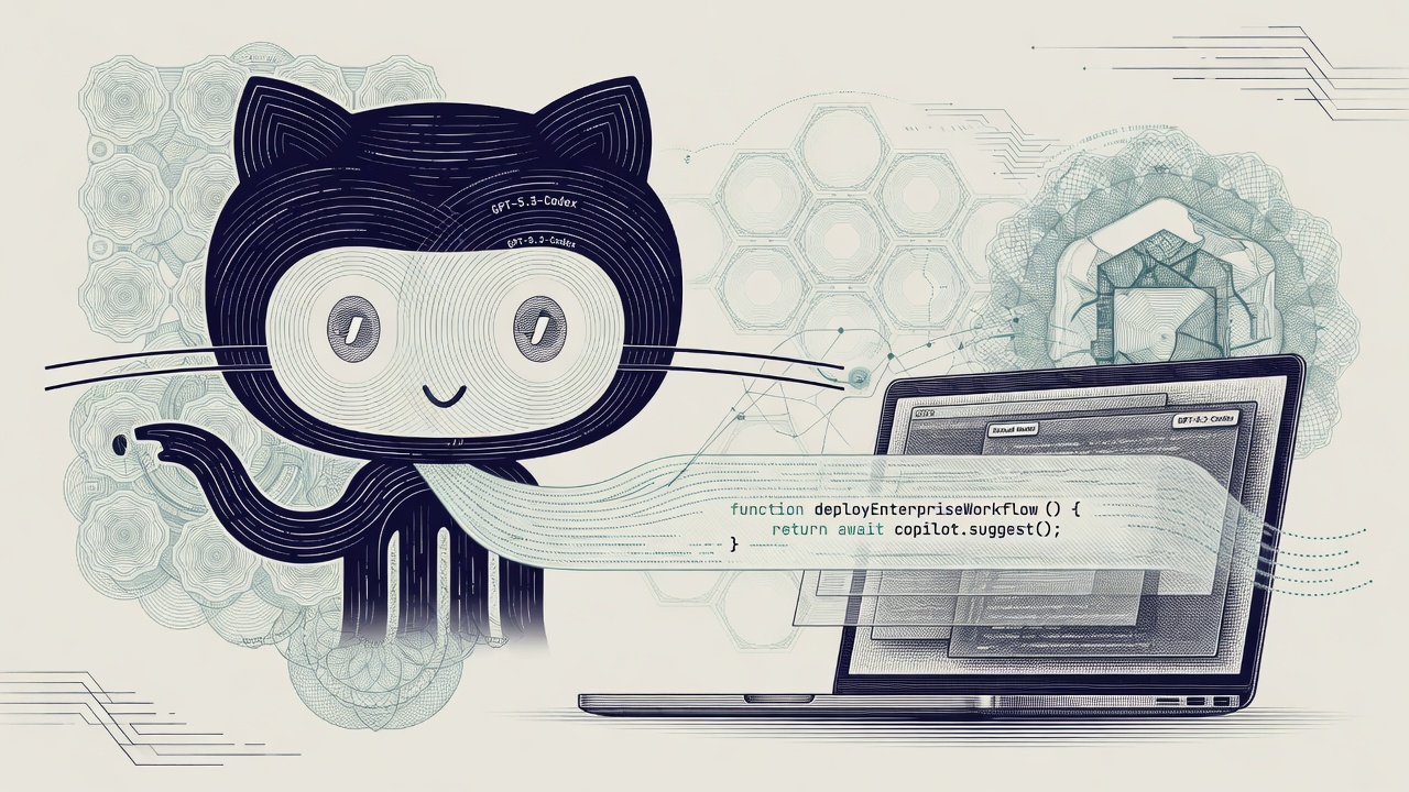 Cover illustration for GitHub Makes GPT-5.3-Codex the Default Base Model for All Copilot Business and Enterprise Organizations