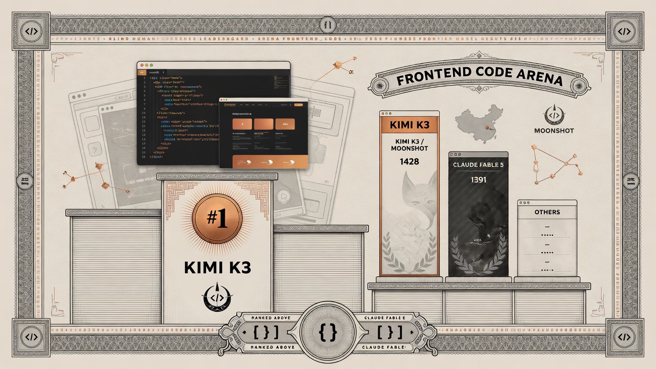 Cover illustration for Kimi K3 Takes #1 on Arena Frontend Code, Ranking Above Claude Fable 5