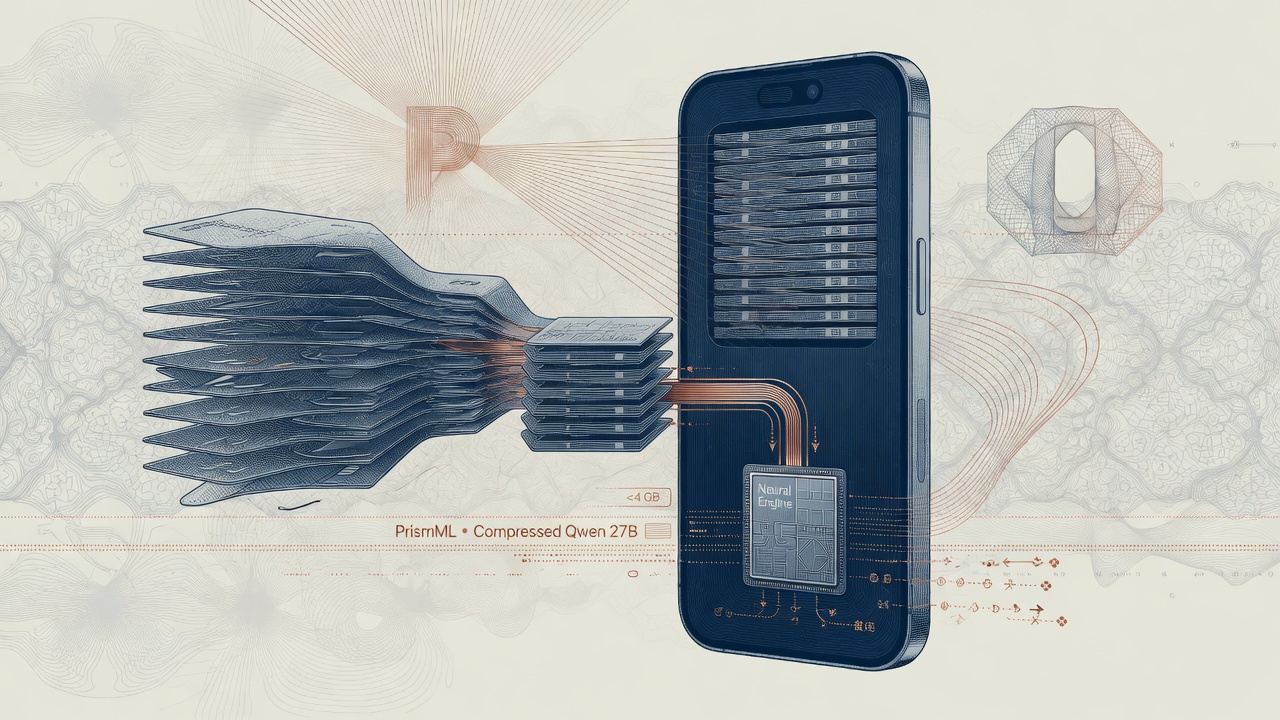 Cover illustration for PrismML Ships Compressed Qwen 27B for On-Device iPhone Inference
