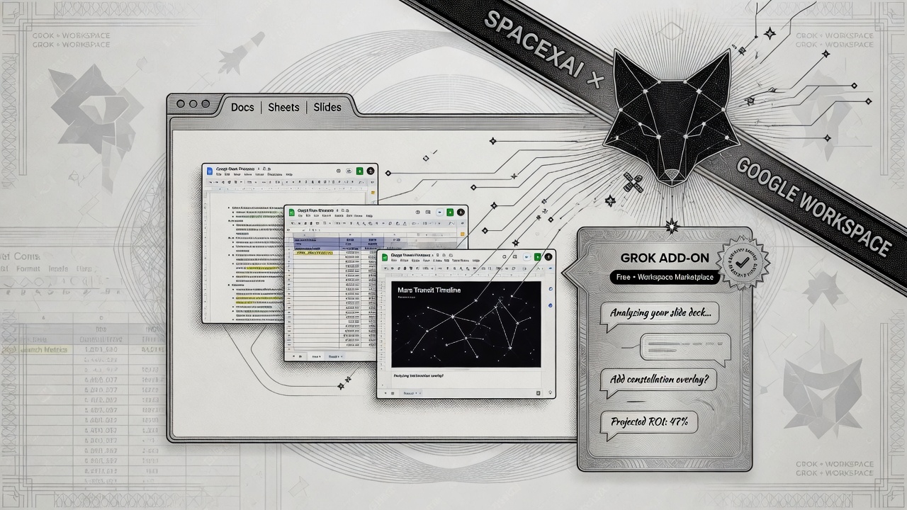 Cover illustration for SpaceXAI Brings Grok Add-On to Google Workspace