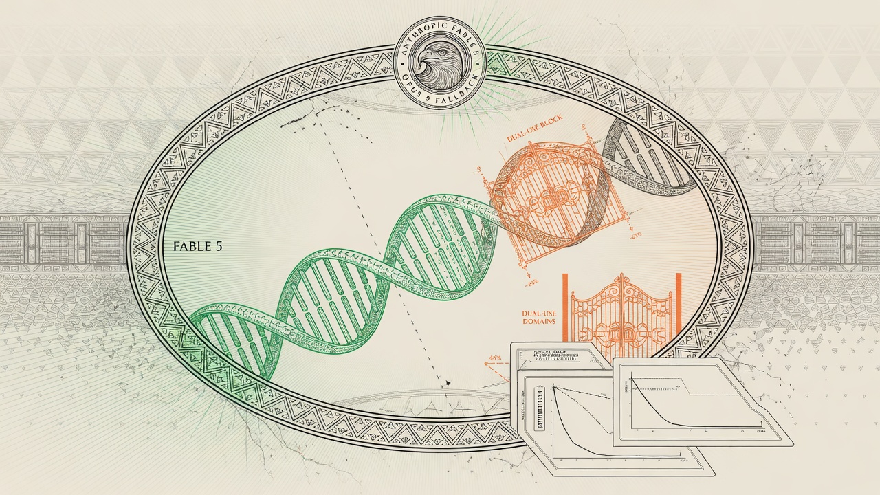 Cover illustration for Anthropic Cuts Fable 5 Biology Fallbacks ~85% While Keeping Dual-Use Blocks