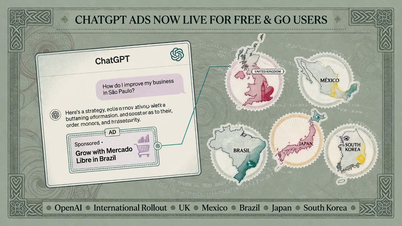 Cover illustration for ChatGPT Ads Expand to UK, Mexico, Brazil, Japan, and South Korea
