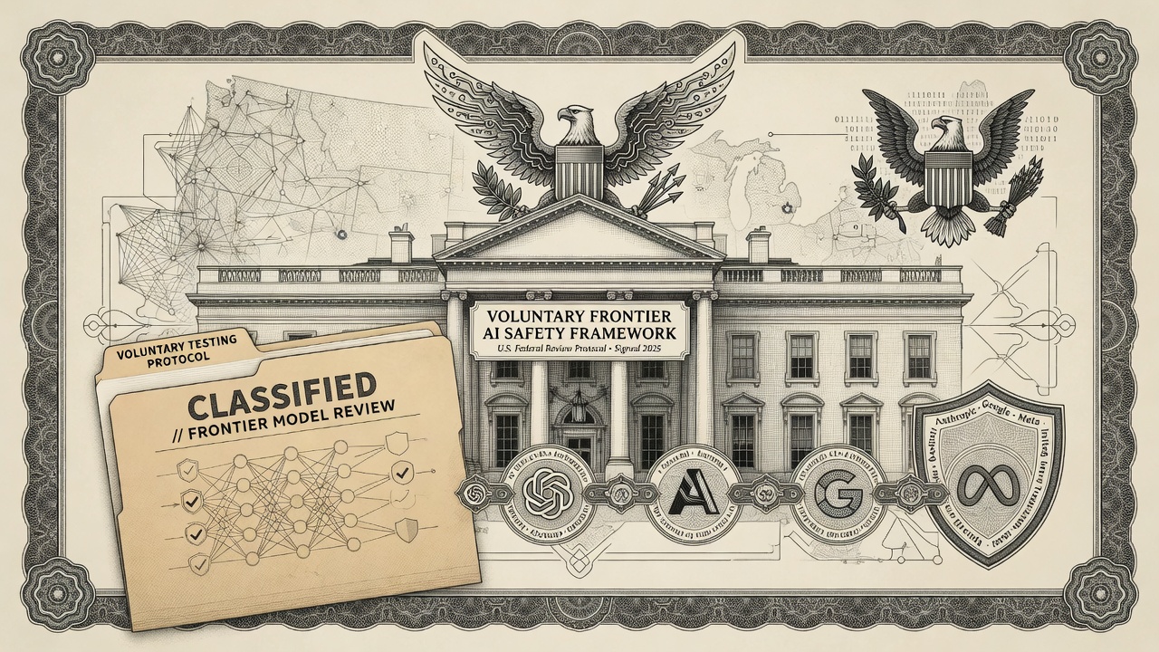 Cover illustration for White House Finalizes Voluntary Frontier AI Safety Framework, Hosts Labs Tuesday